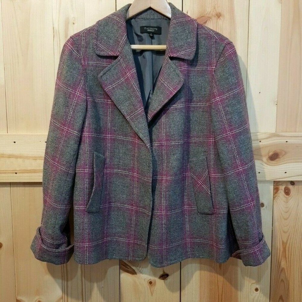Talbots Sz 14 Wool Blend Plaid Swing Coat Jacket